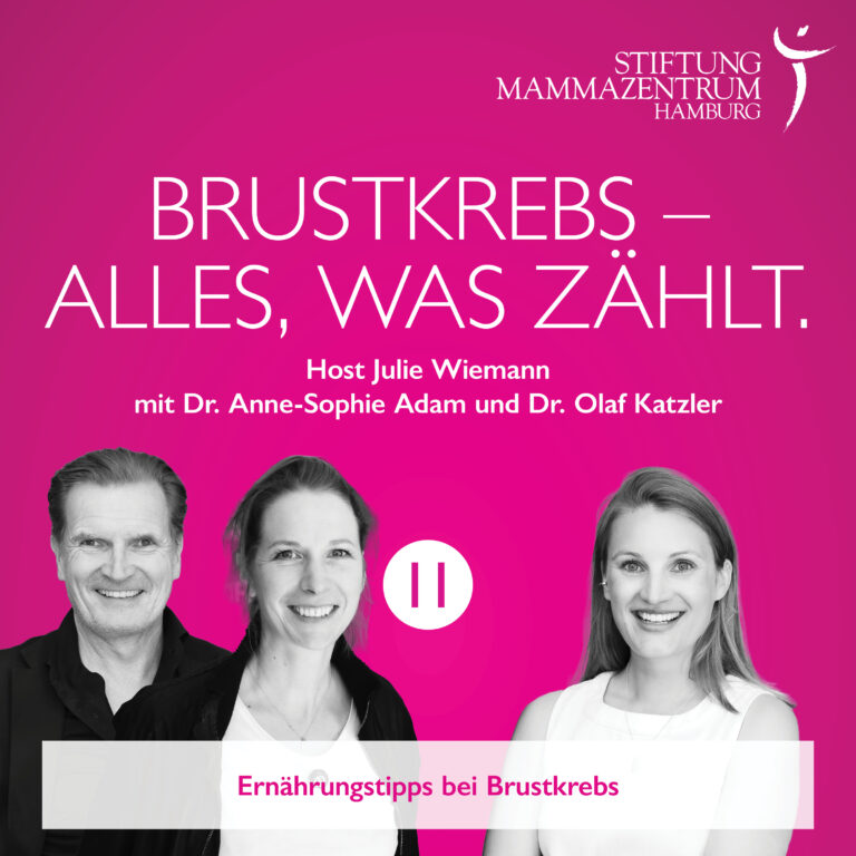 Cover Podcast: Ernährung bei Brustkrebs, Dr. Anne-Sophie Adam, Dr. Olaf Katzler, Host Julie Wiemann